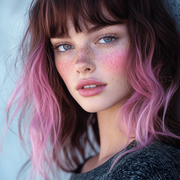 A young woman confidently staring into the camera (half-body shot). Using dark brown or black hair as a base, the hair strands on the forehead, cheeks, and top of the head are bleached and dyed in soft cherry blossom pink (or other light pink-purple tones